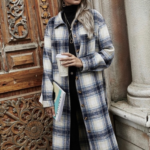 New Plaid Check Flannel Long Shacket Jacket Coat - Picture 3 of 7